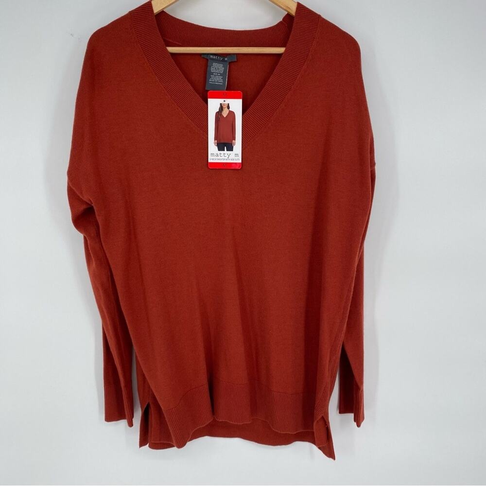 Matty M Women’s V Neck‎ Sweater Pullover Staple Classic Burnt Orange Medium